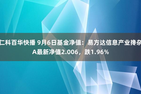 仁科百华快播 9月6日基金净值：易方达信息产业搀杂A最新净值2.006，跌1.96%
